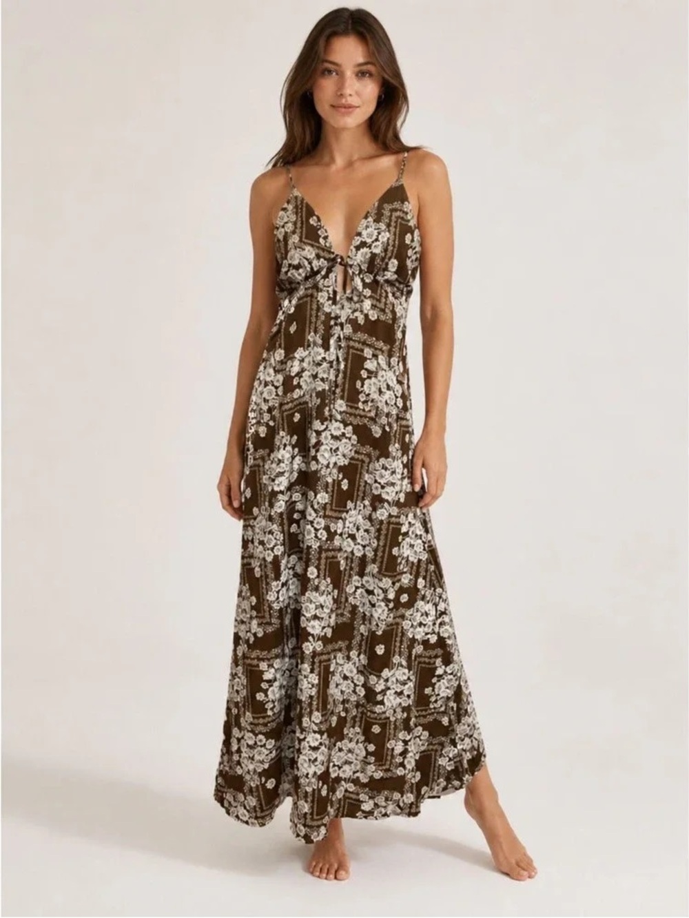 Paper Heart Anthropologie Chocolate Brown Floral Linen Maxi Dress, Size Large